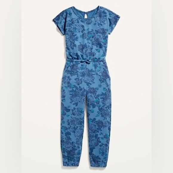 Old Navy French Terry Short-Sleeve Jumpsuit blue Floral cotton jogger L 10-12 - Picture 1 of 10